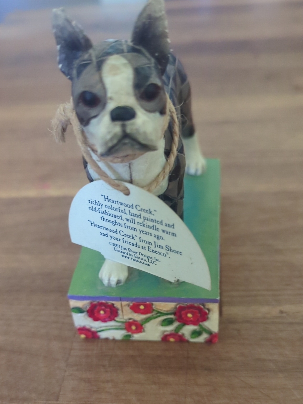 Jim Shore Black, White & Red Boston Terrier Figurine with Floral Base - Picture 5 of 5